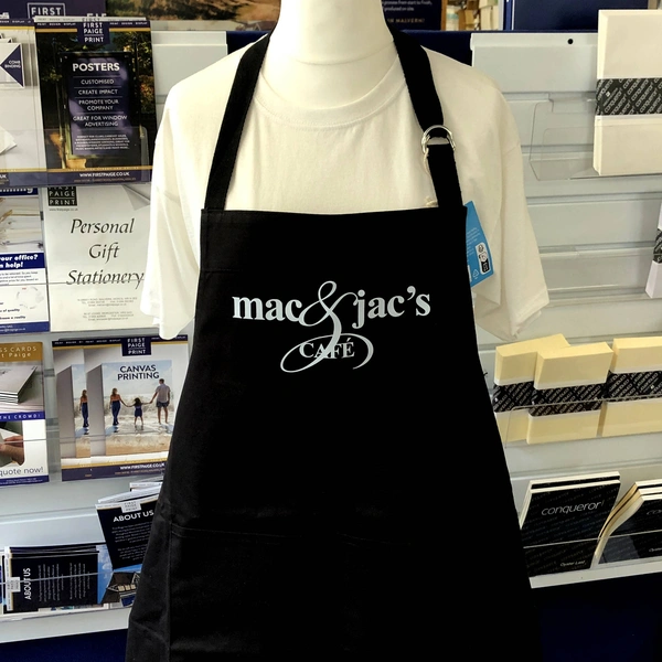 Printed apron with Mac & Jac's logo printed on the front