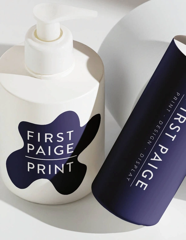 Bottles with different shaped stickers saying 'First Paige Printers'