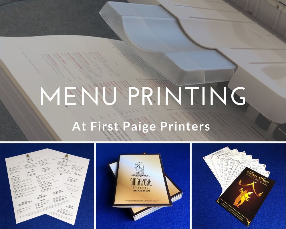 Photo collage of four menus printed by First Paige Printers