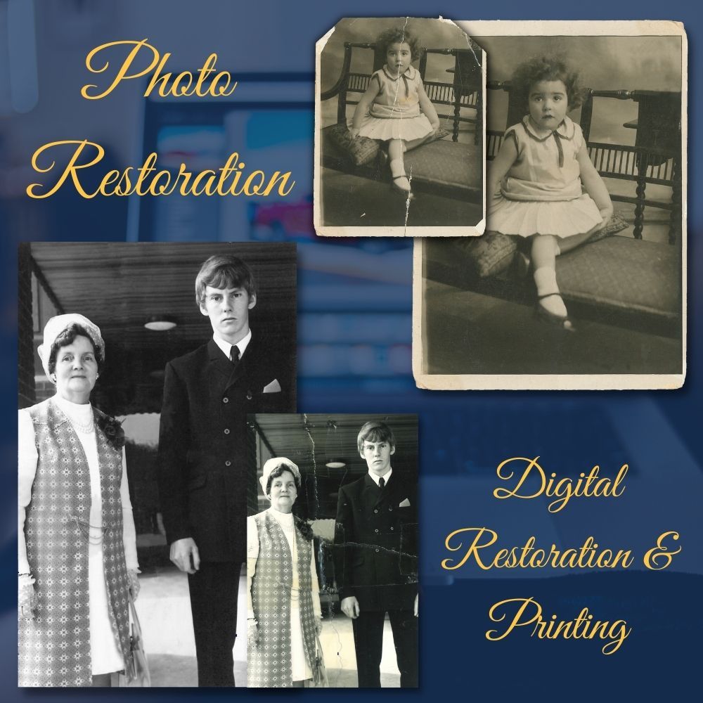 Photo restoration of two old photos. Image reads: Photo Restoration, Digital Restoration & Printing
