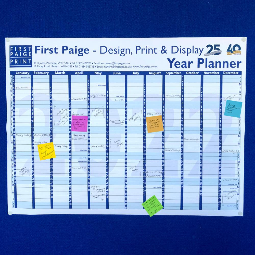 Year Planner with important events and notes written on